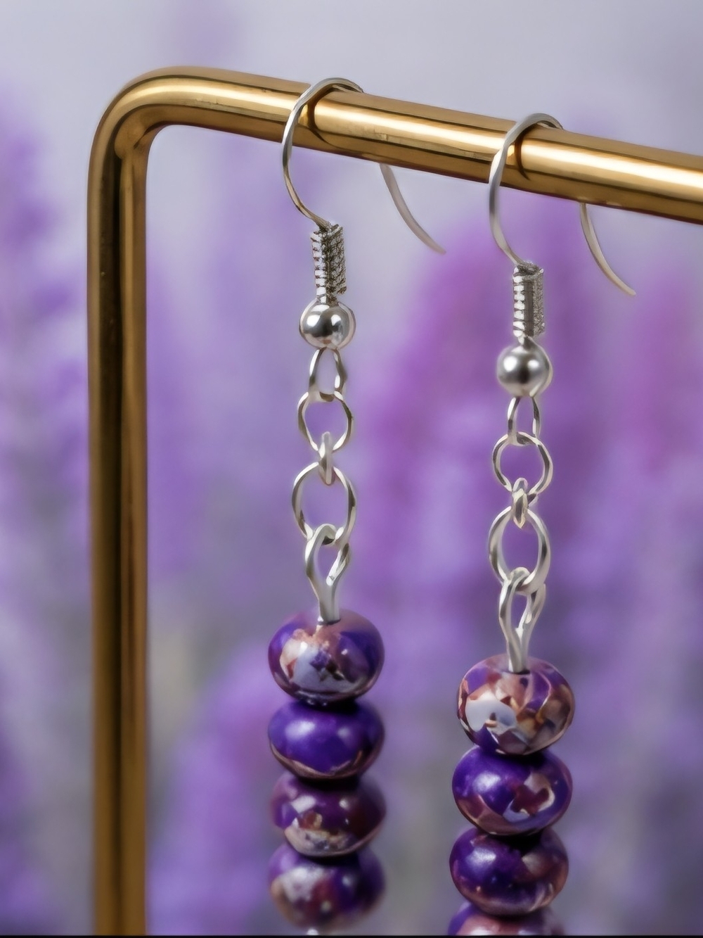 Purple Bead Drop Earrings with Silver Chain Hooks